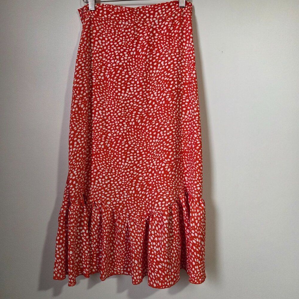 LIKE NEW SHEIN RED WHITE SPECKLED MIDI SKIRT RUFFLED BOTTOM SIZE SMALL